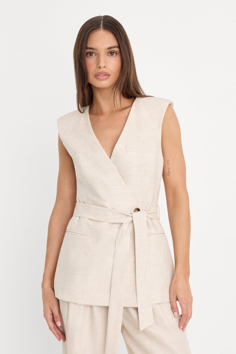 LINEN SLEEVELESS BELTED VEST