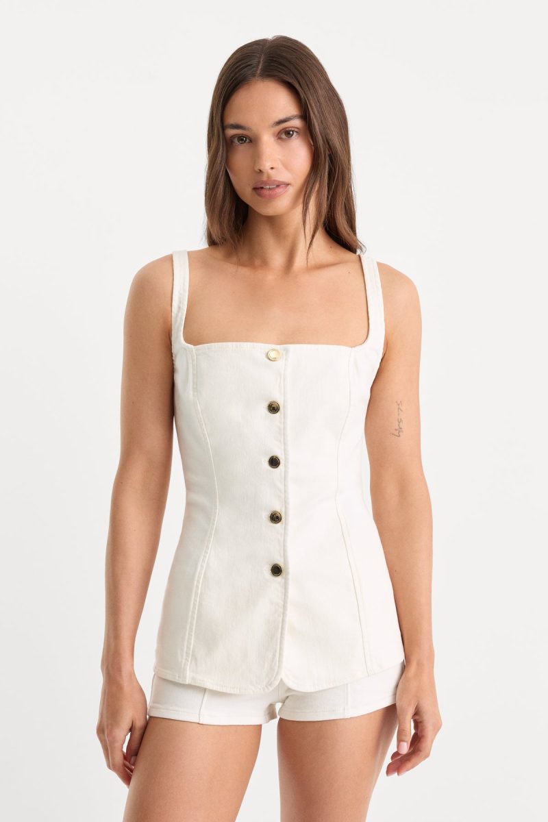 SLEEVELESS DENIM BUTTON FRONT TOP