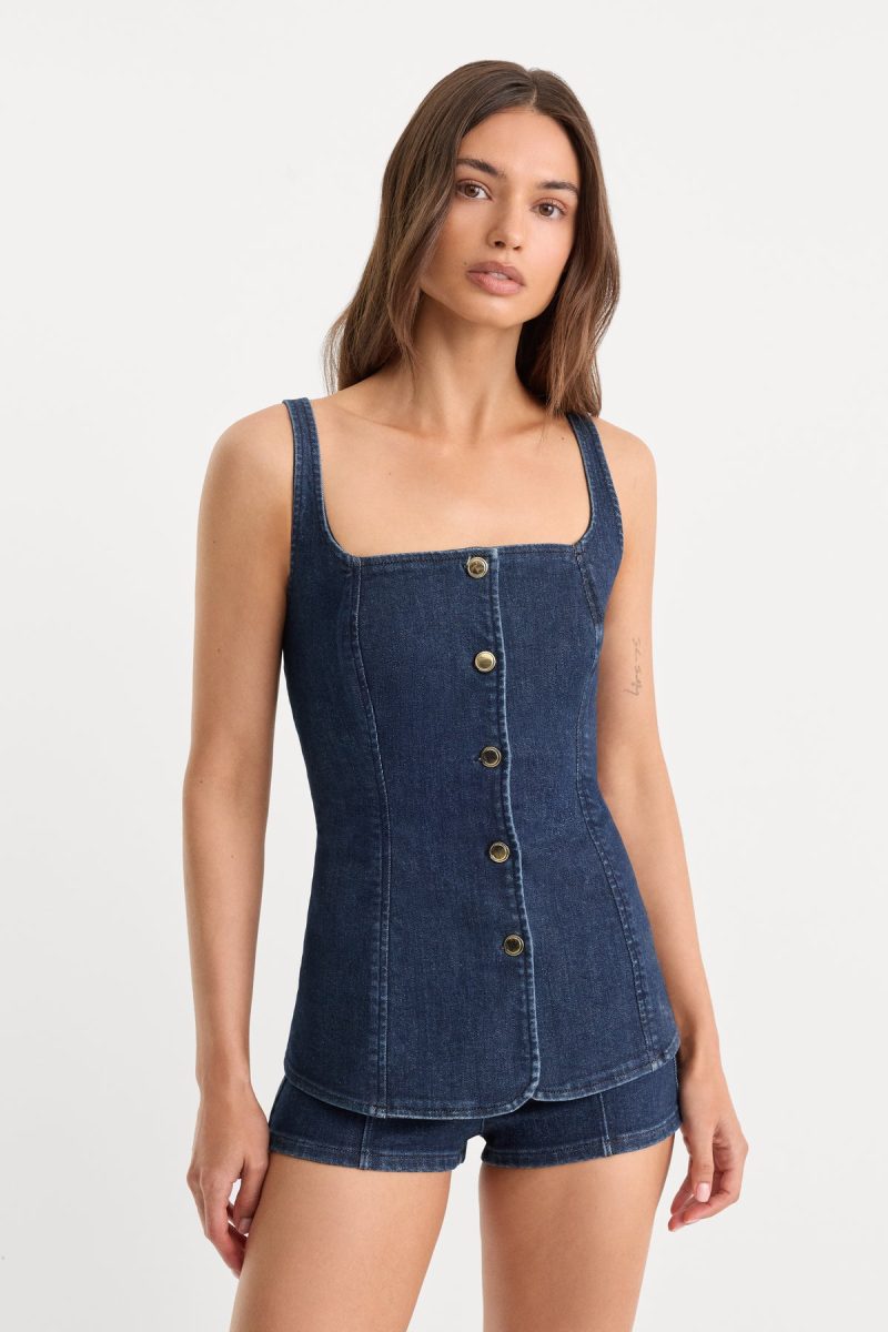 SLEEVELESS DENIM BUTTON FRONT TOP